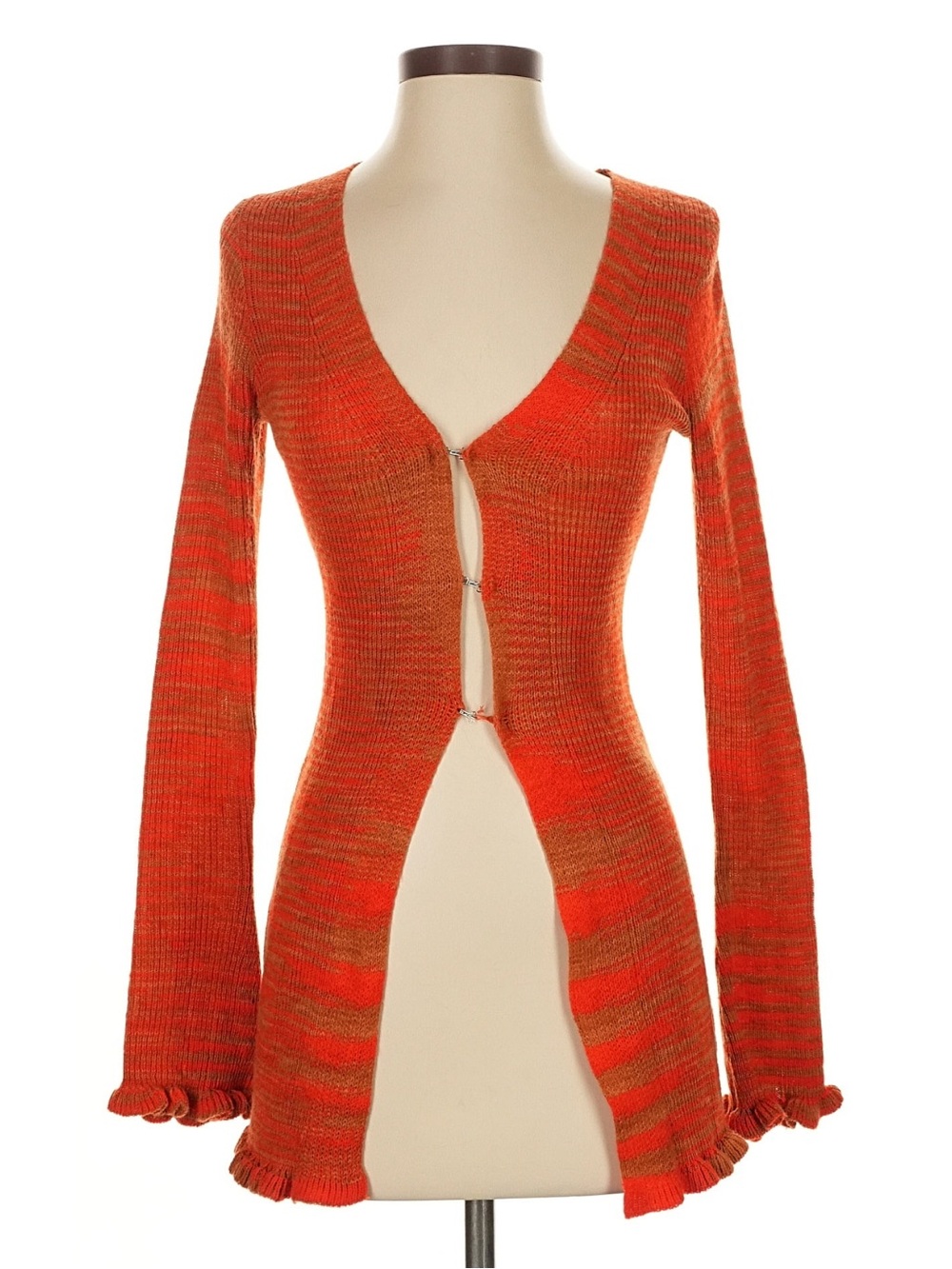 Tiger Mist Orange V-Neck Open-Front Knit Sweater